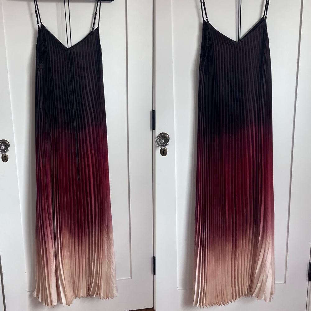 🪅Banana Republic Brown/Orange Ombré Pleated Midi Dress Spaghetti Straps L Tall - Picture 3 of 13